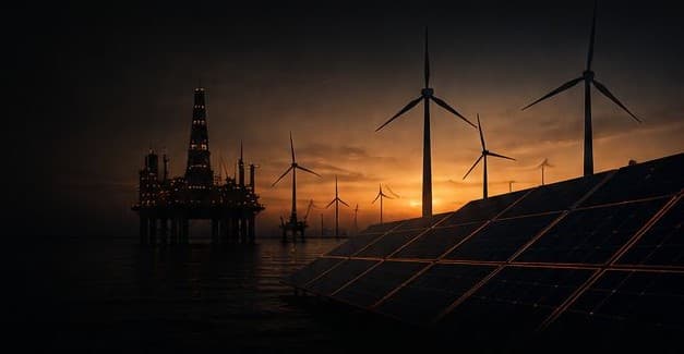 Energy landscape with solar panels, wind turbines, and offshore platform at sunset