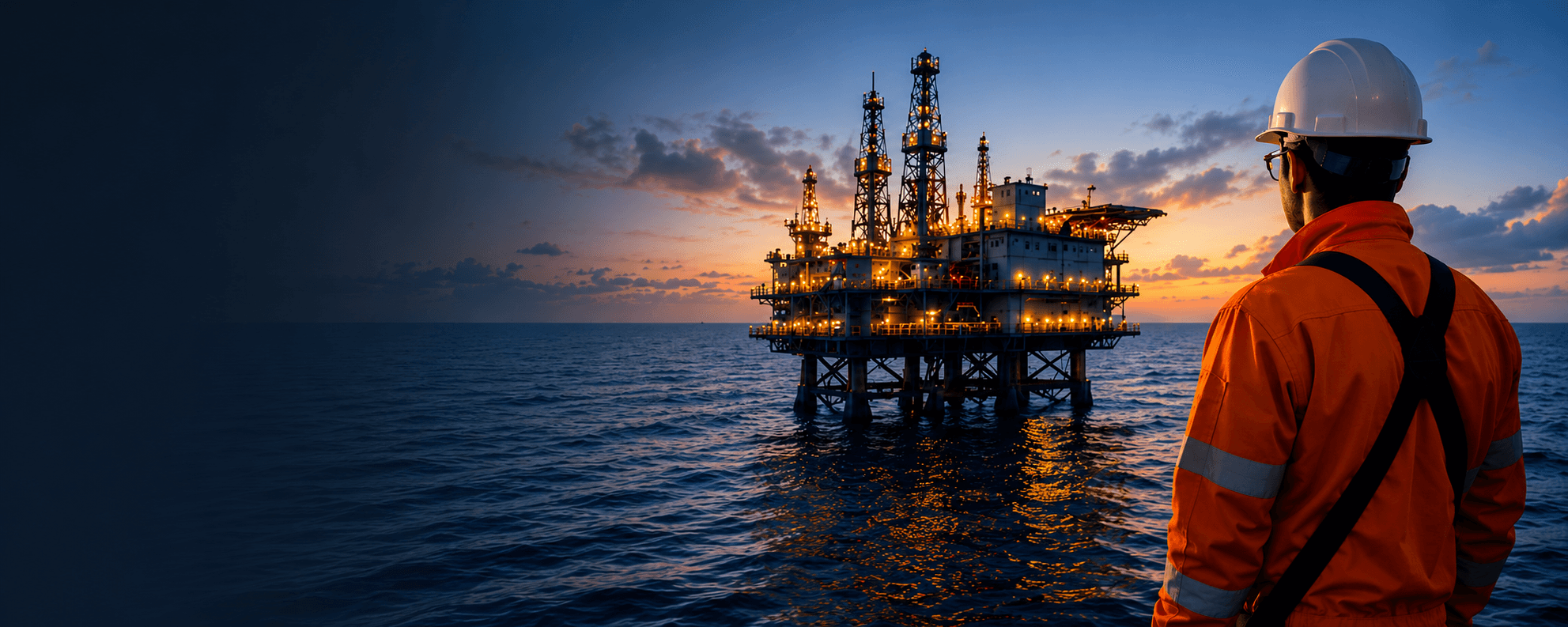 Offshore oil rig at sunset with an energy worker in high-visibility gear overlooking the site