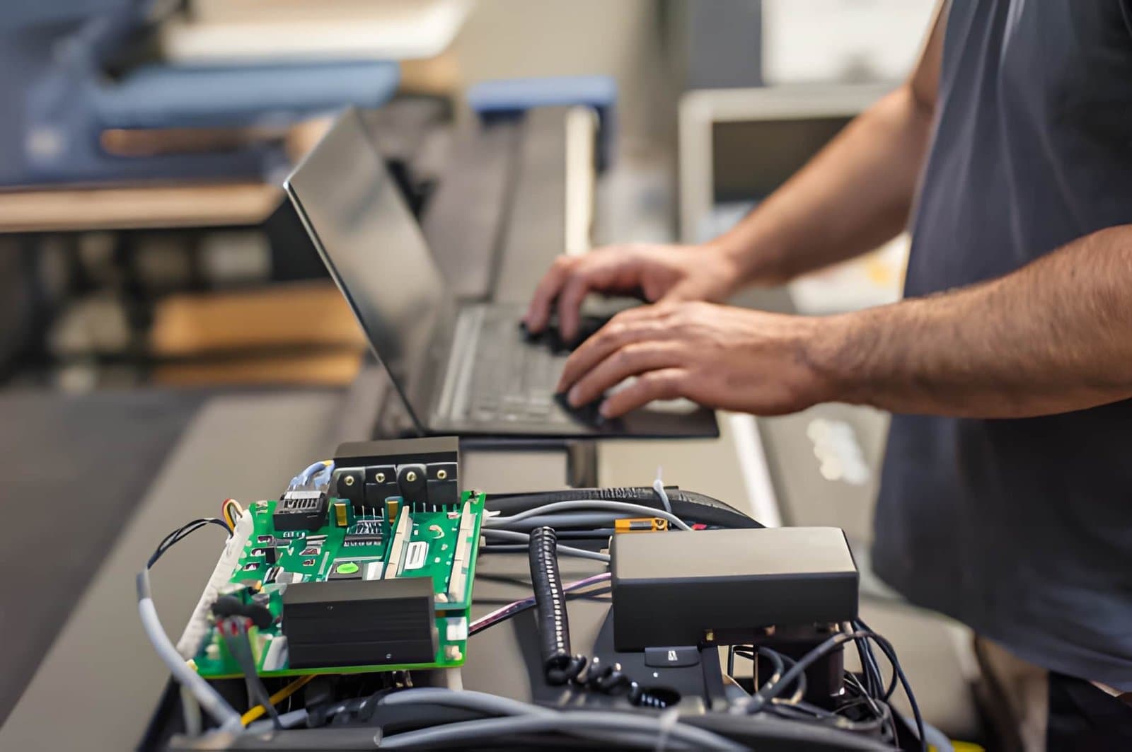 Commissioning engineer testing and verifying control systems and electrical equipment during project start-up