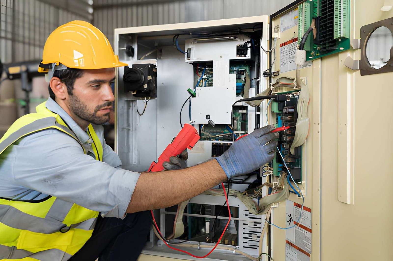 Electrical technician inspecting industrial switchgear and high-voltage systems at an energy facility