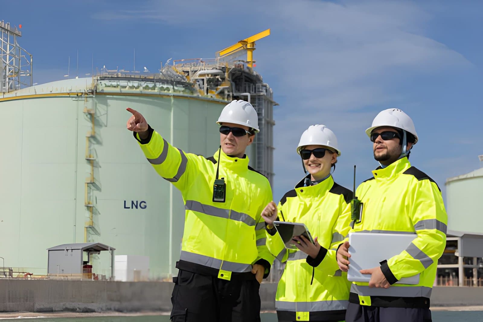 Energy engineers in PPE reviewing plans at an LNG storage and liquefaction facility