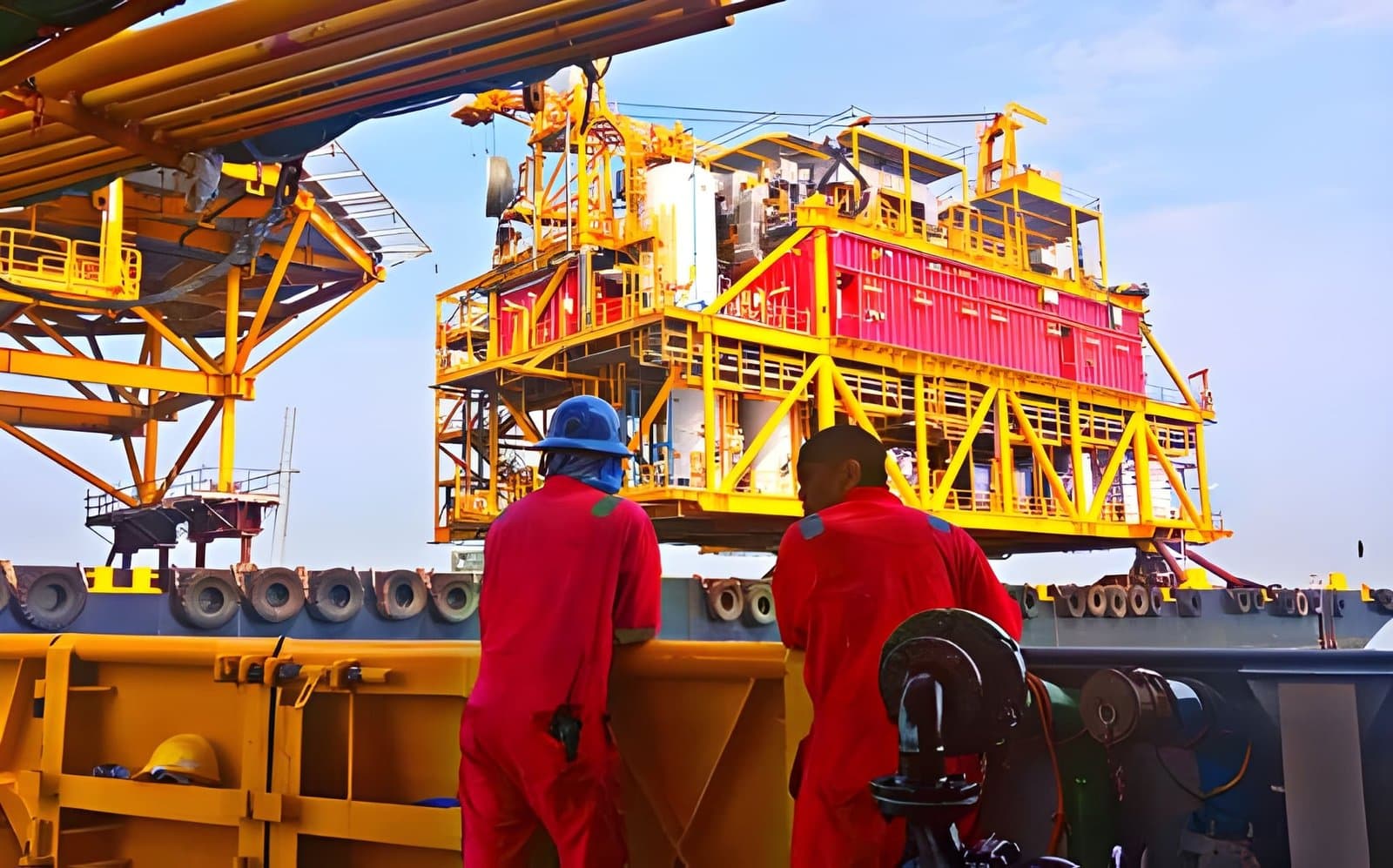 Offshore safety trainees in survival gear during BOSIET emergency response training