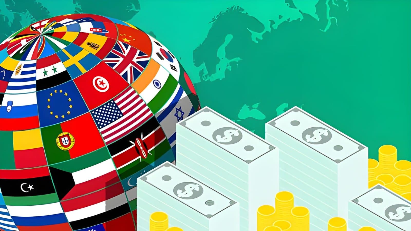 Globe covered in world flags beside stacks of banknotes and gold coins, representing global energy salaries