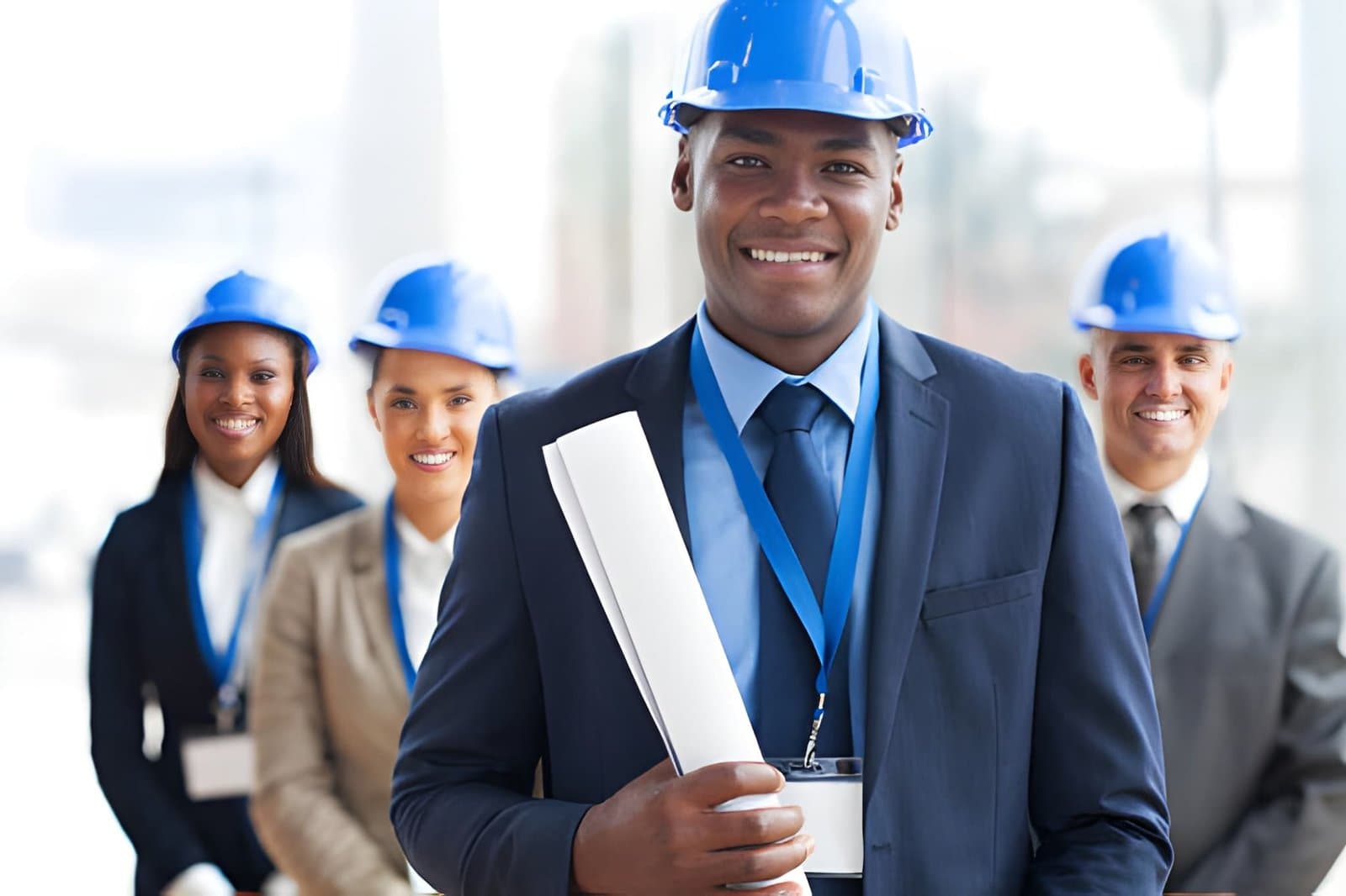 Construction manager in a hard hat reviewing project documents and professional certifications on site
