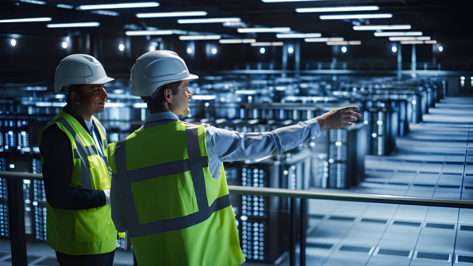 Rows of server racks inside a modern data centre with a construction and engineering team on site