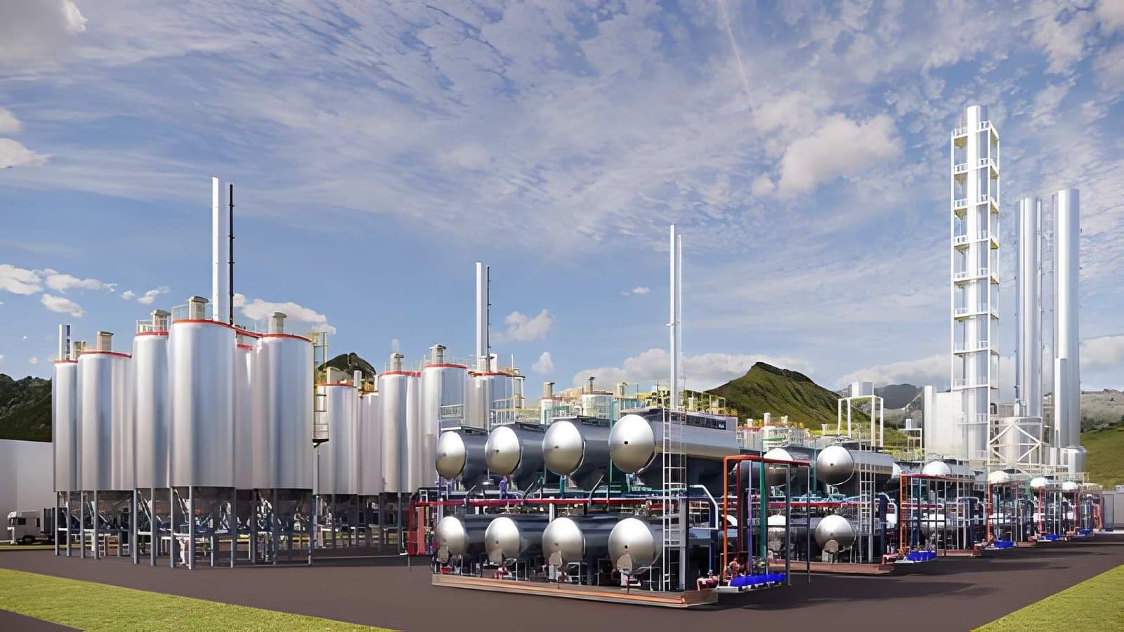 Modern energy processing plant with storage tanks and pressure vessels under a blue sky