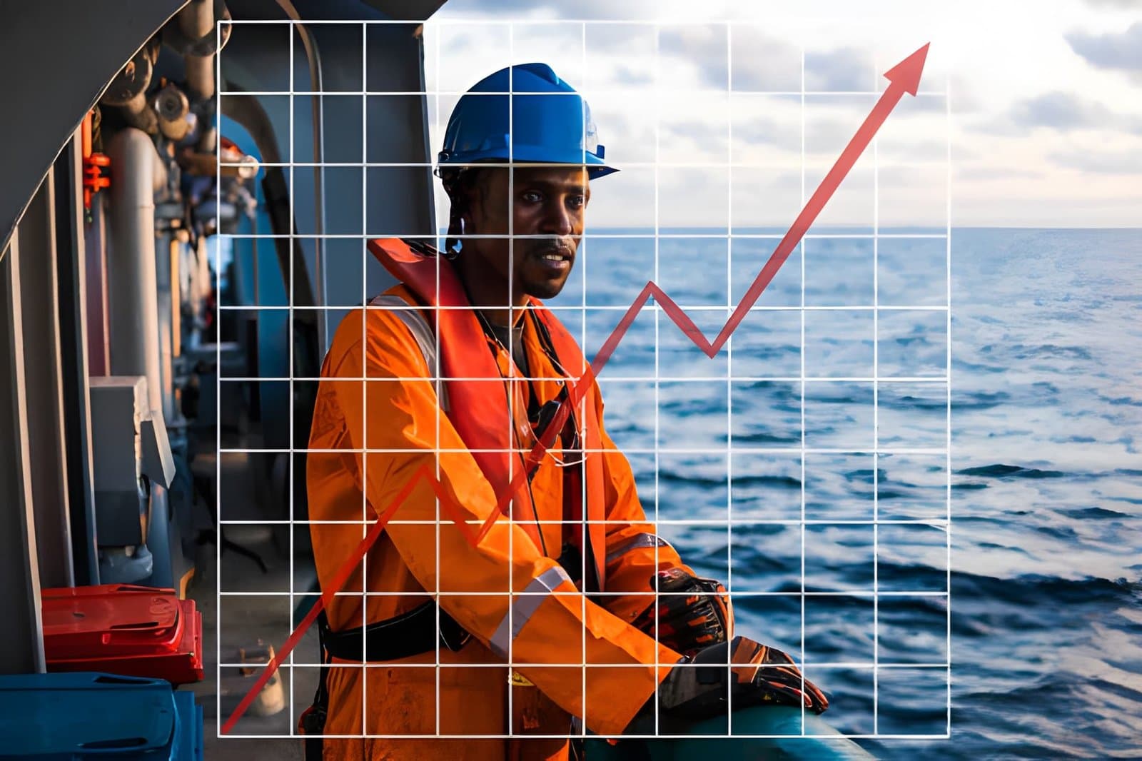 Offshore rigger in hard hat and life jacket on a vessel deck with a rising salary trend graph overlay