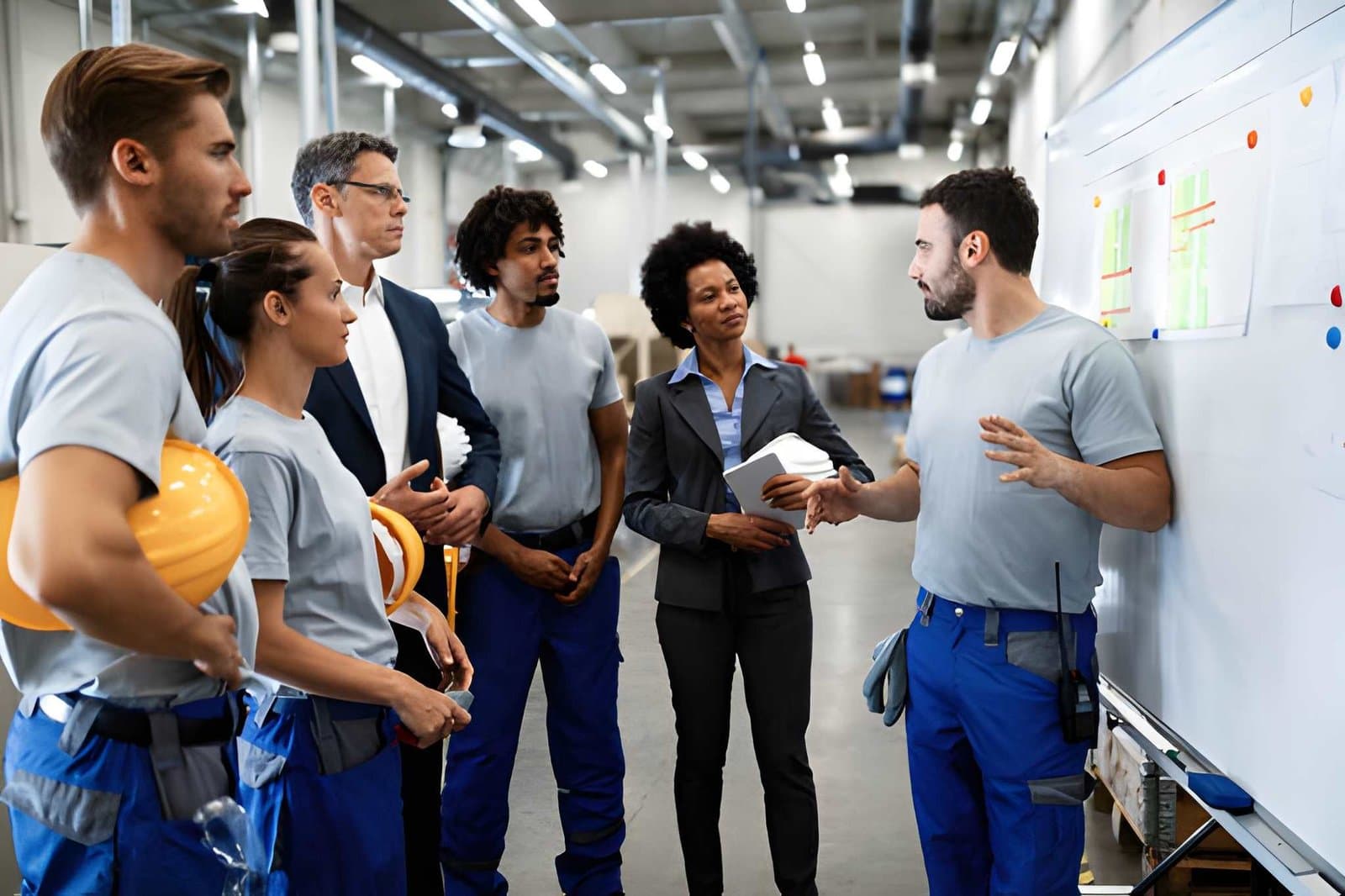 Trainers and apprentices in workwear gathered around a whiteboard during an on-site industrial briefing