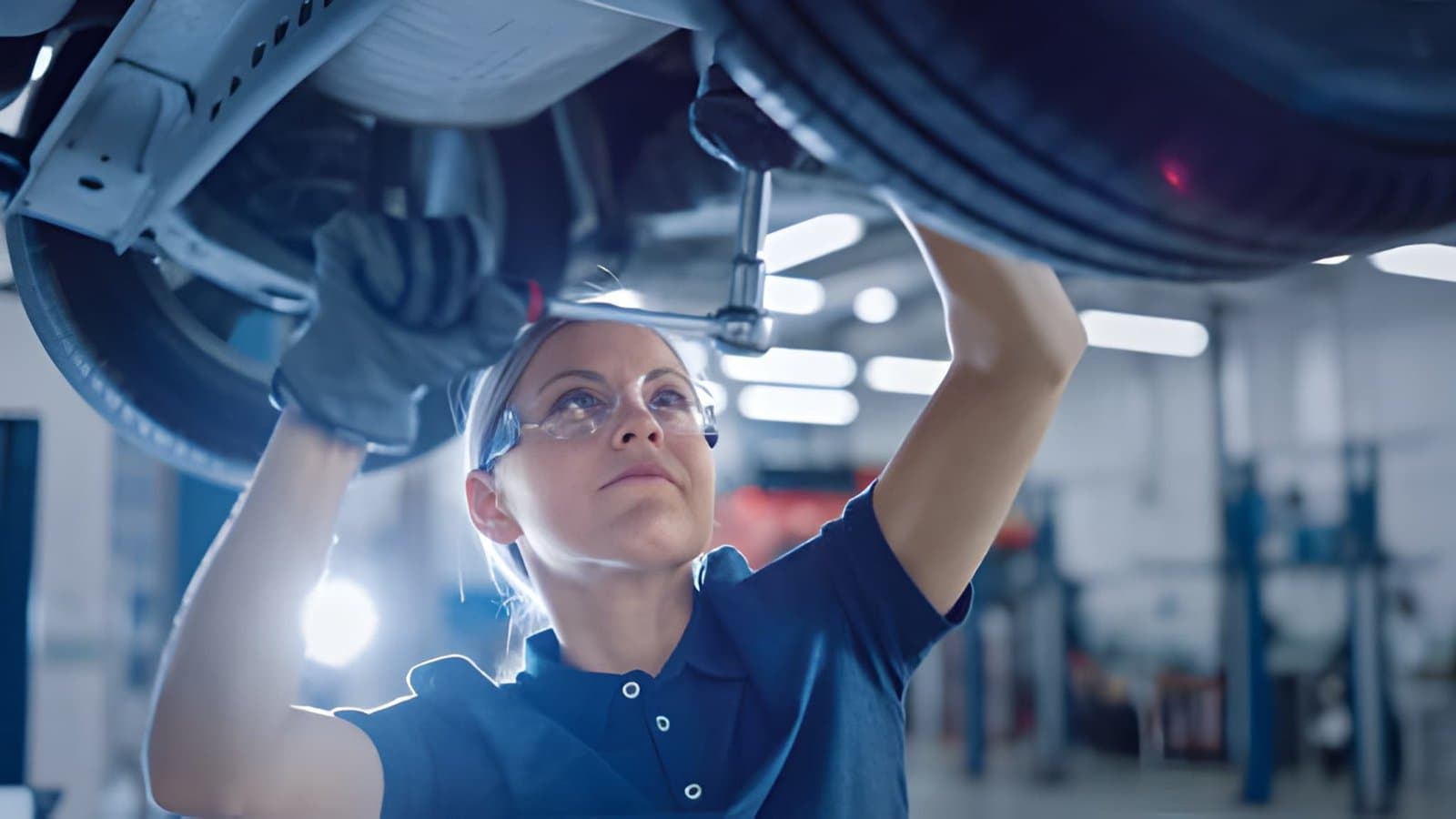 Mechanical technician in safety goggles and gloves working underneath a vehicle with a socket wrench in a workshop