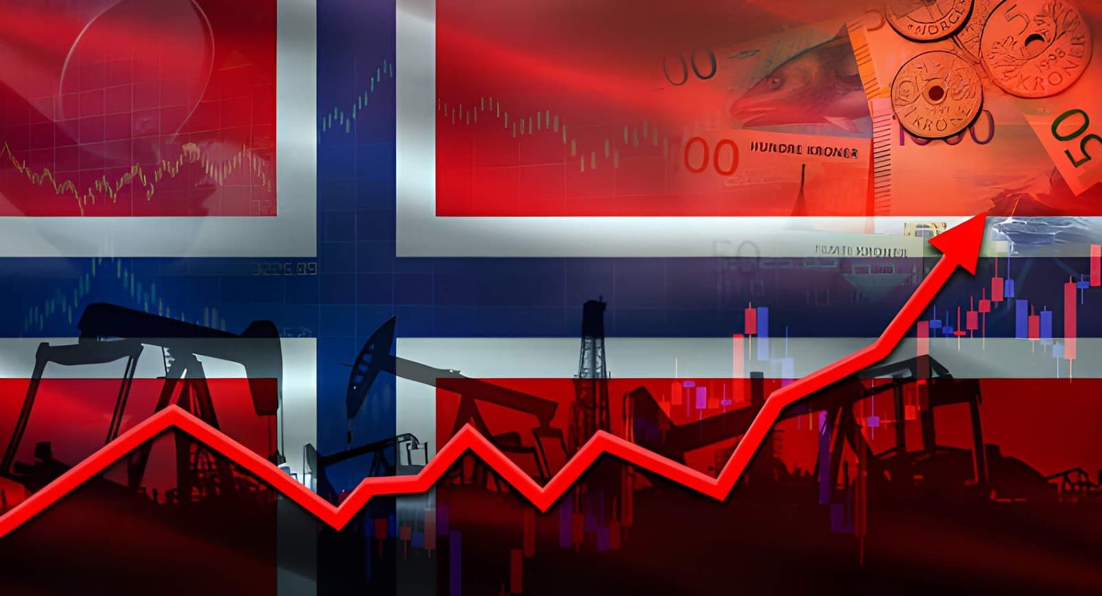 Norwegian flag with oil pumpjacks, market charts and krone currency — Norway energy market report 2026