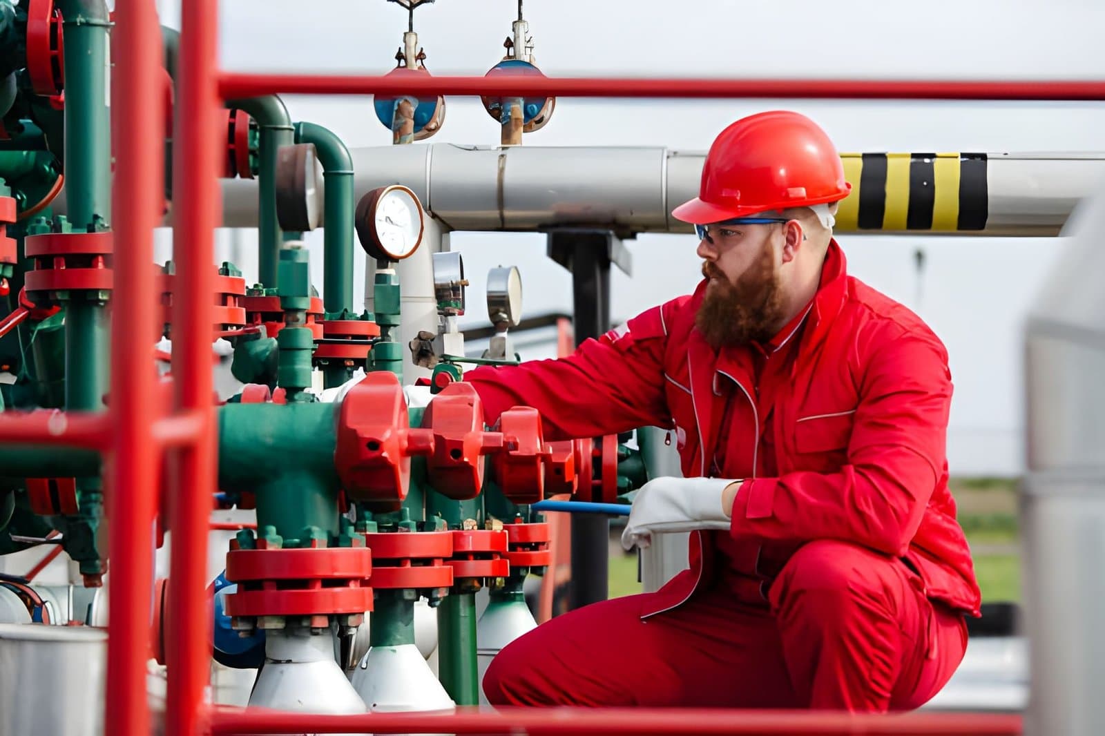 Industrial technician in PPE inspecting valves and pressure gauges on hazardous-area piping at an energy facility