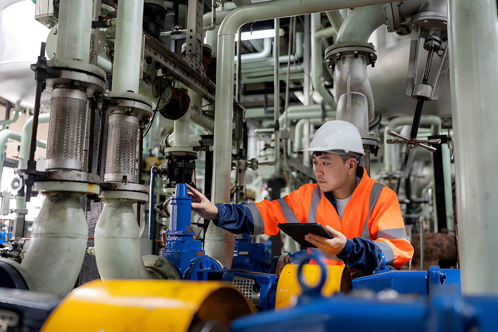 Offshore technician in high-visibility PPE inspecting industrial equipment with a tablet in a plant or platform environment