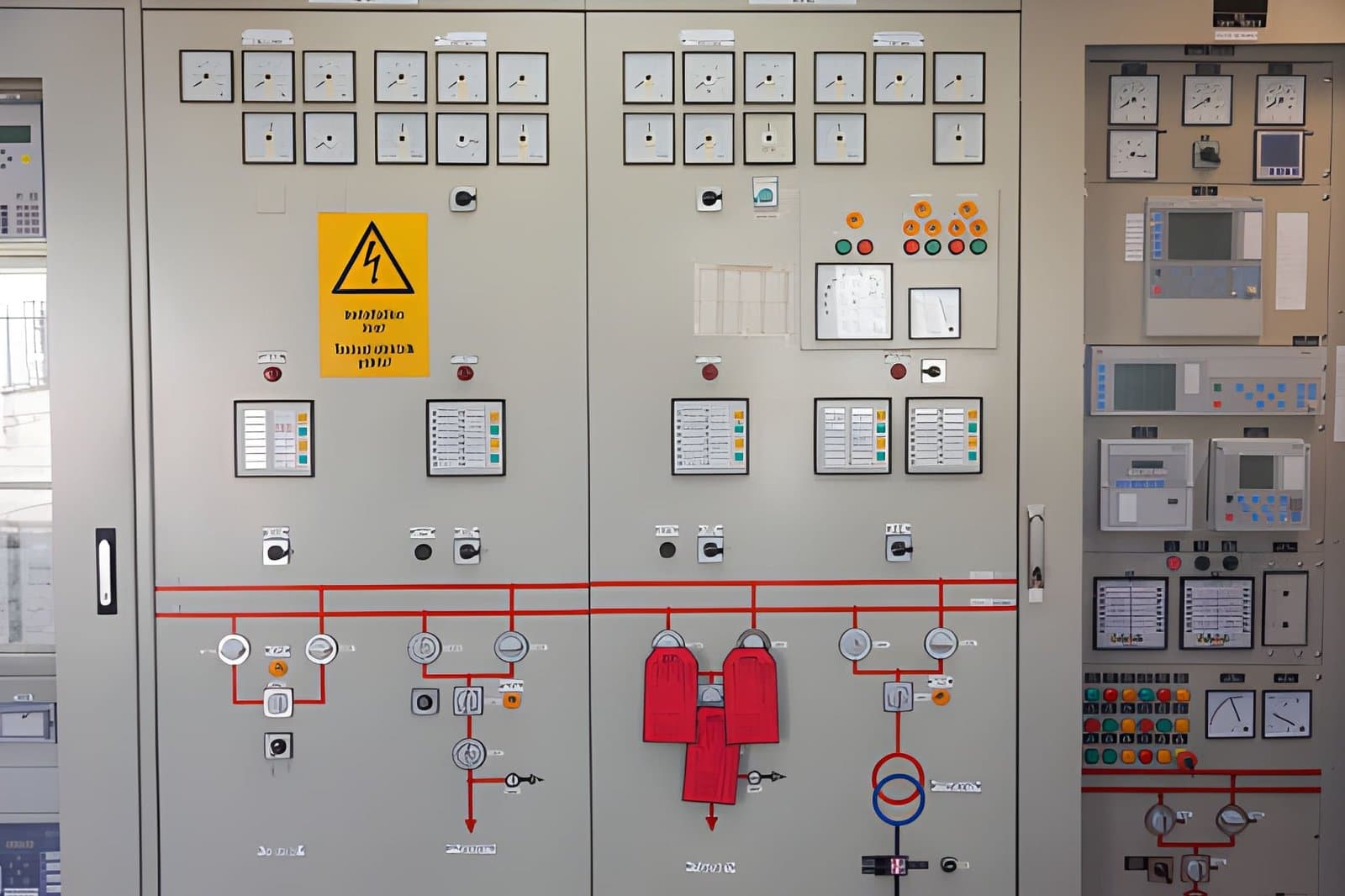 Industrial electrical control panel with meters, switchgear mimic diagram and automation controls representing electrical, instrumentation and automation careers