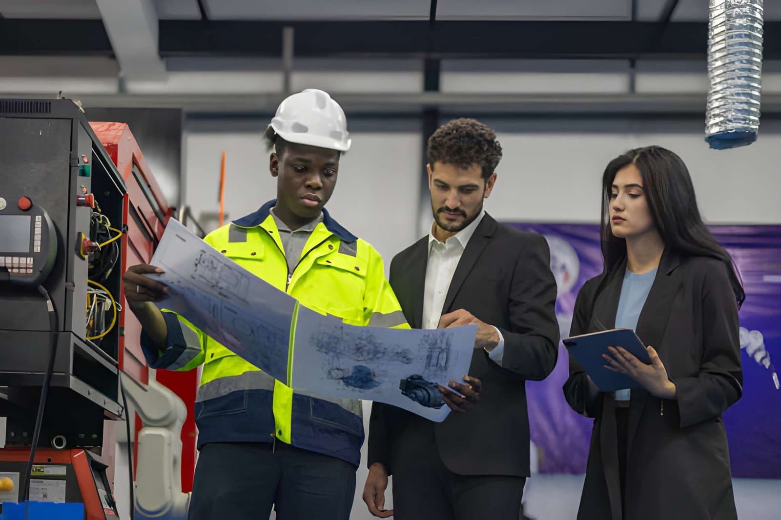 Commissioning team reviewing blueprints and digital plans beside industrial equipment during system verification