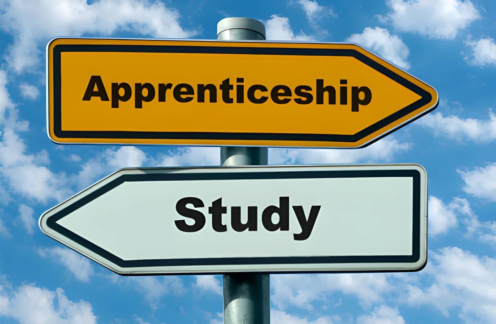 Street signs pointing in opposite directions labelled Apprenticeship and Study against a blue sky