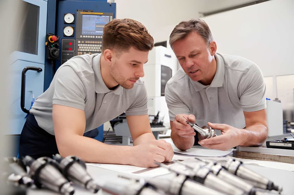 Mentor and apprentice in a workshop examining a machined metal component beside CNC equipment