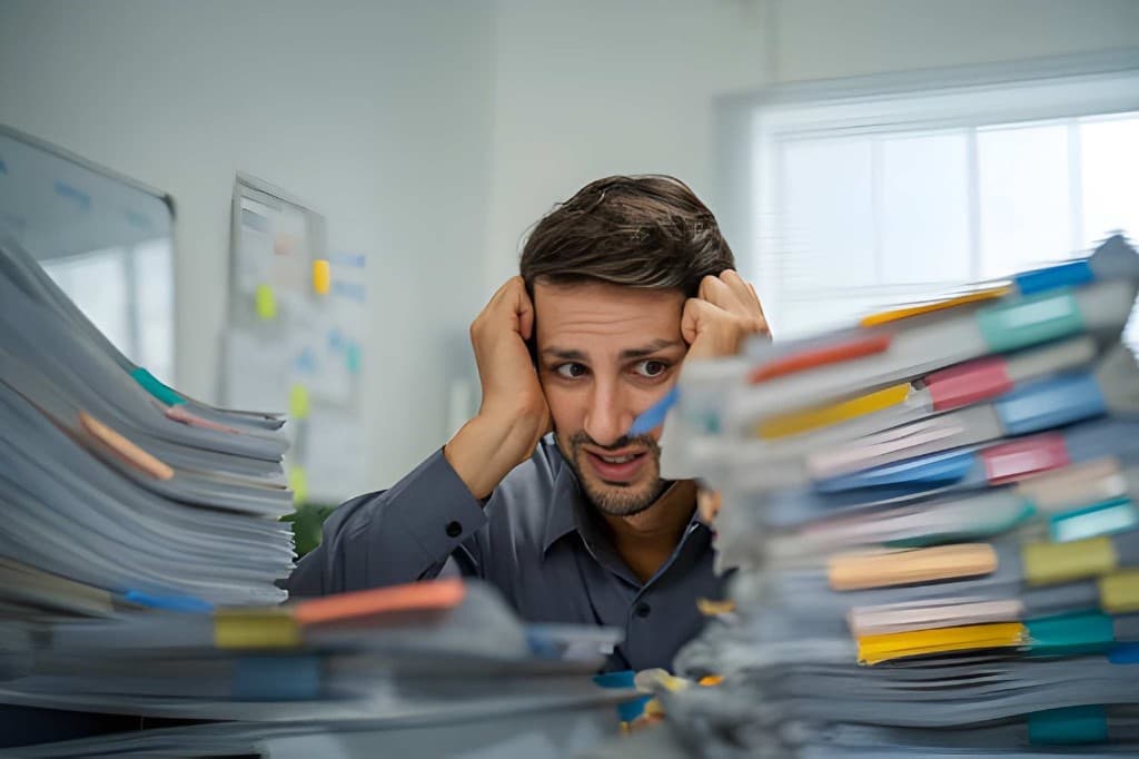 Young man sitting between stacks of papers with his hands on his head, looking overwhelmed by choices