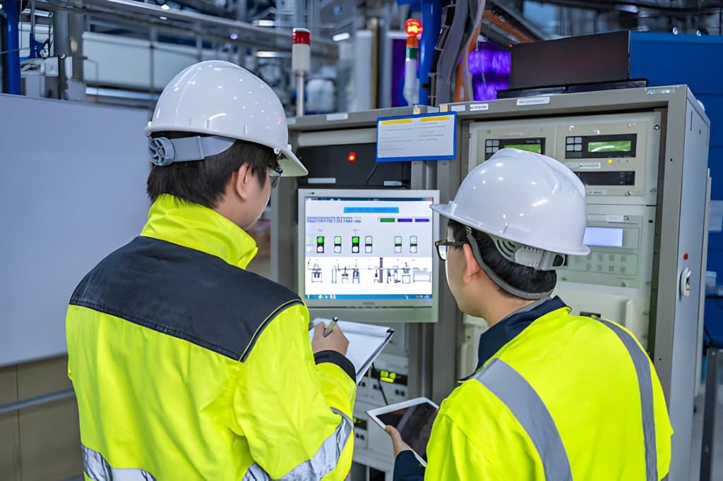 Two technicians in hard hats and high-visibility jackets inspecting a control-panel monitor and recording findings