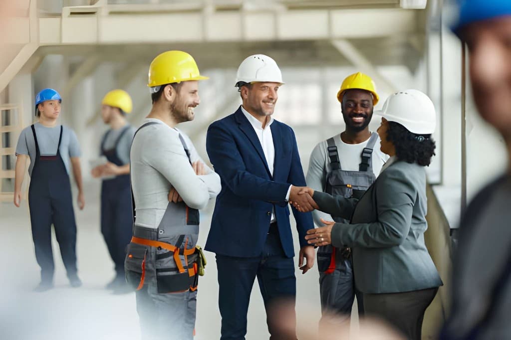 Client and site team shaking hands in hard hats after a successful equipment acceptance at an industrial facility