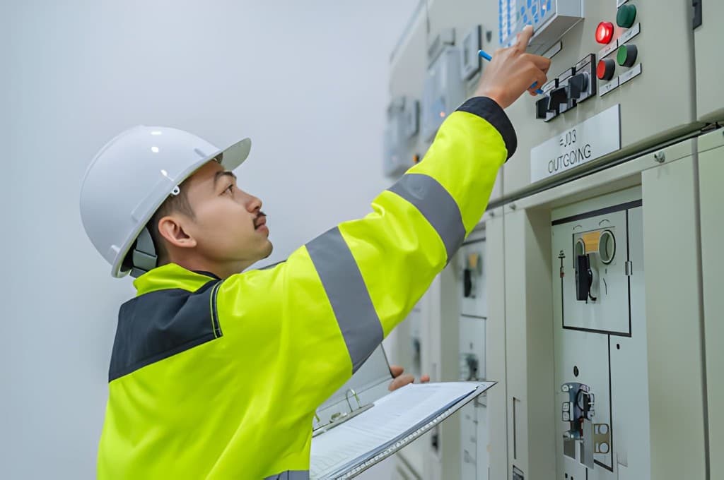 Commissioning technician in a hard hat checking a control panel against a ring binder of test records