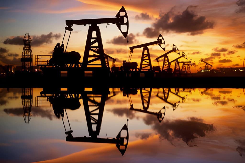 Oil pumpjacks silhouetted against a sunset sky and reflected in still water