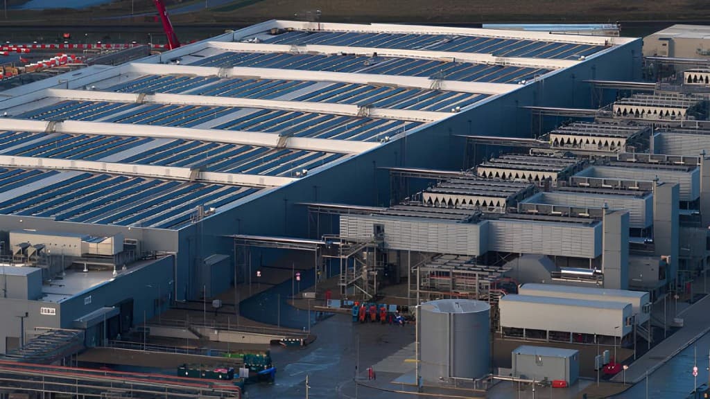 Aerial view of a data centre campus with rooftop plant, cooling equipment and a storage tank beside the main hall