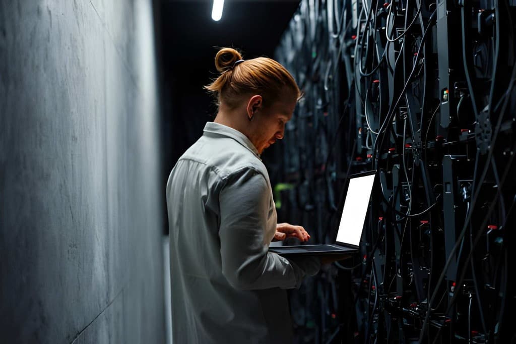 Commissioning engineer with a laptop inspecting server racks and cabling in a data centre aisle