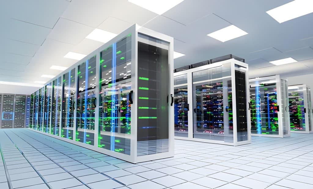 Rows of glass-fronted server cabinets with green and blue lighting in a modern data centre hall