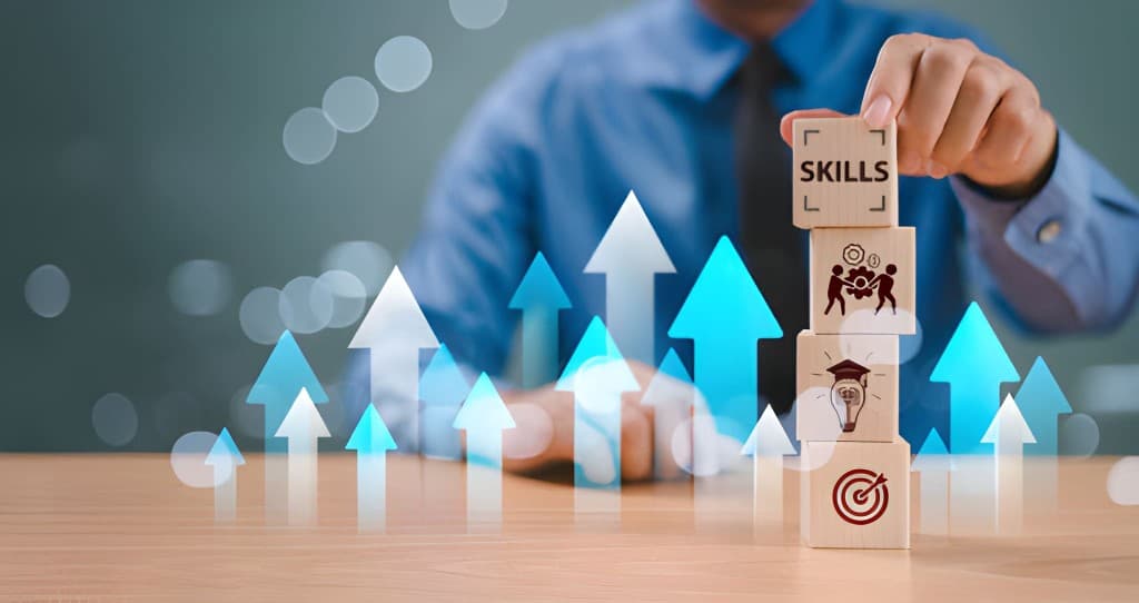 A person stacking wooden blocks labelled Skills above teamwork, education and target icons, with upward arrows in the background