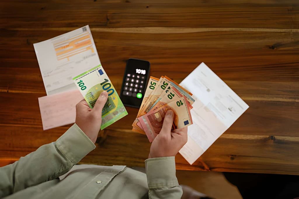 Person holding euro banknotes over a wooden desk with a calculator and paperwork