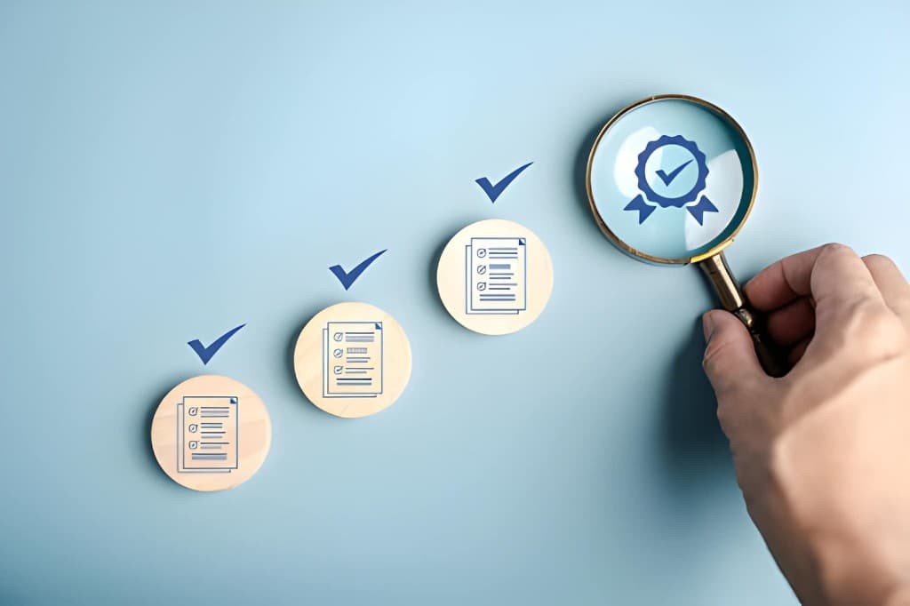 Hand holding a magnifying glass over a certificate badge, with wooden discs showing document checklists and ticks