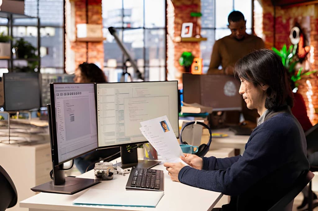 Recruiter at dual monitors reviewing a printed CV in an open-plan office