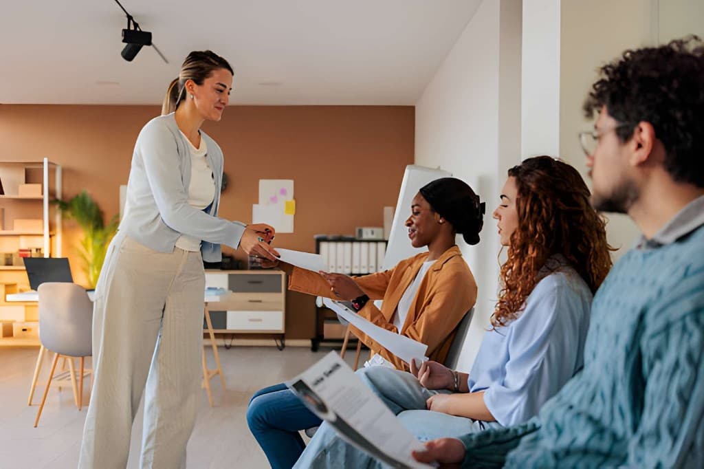 Recruiter handing application papers to seated candidates in an office