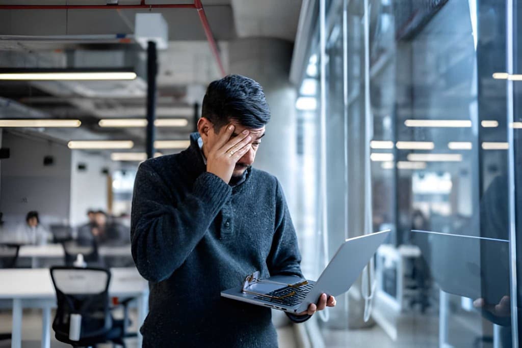 Man in an office holding a laptop and covering his face, looking stressed while reading the screen