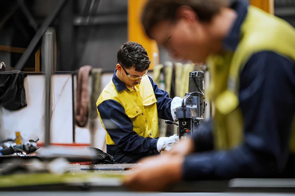 Industrial workers in high-visibility vests, one operating a drill press in a workshop
