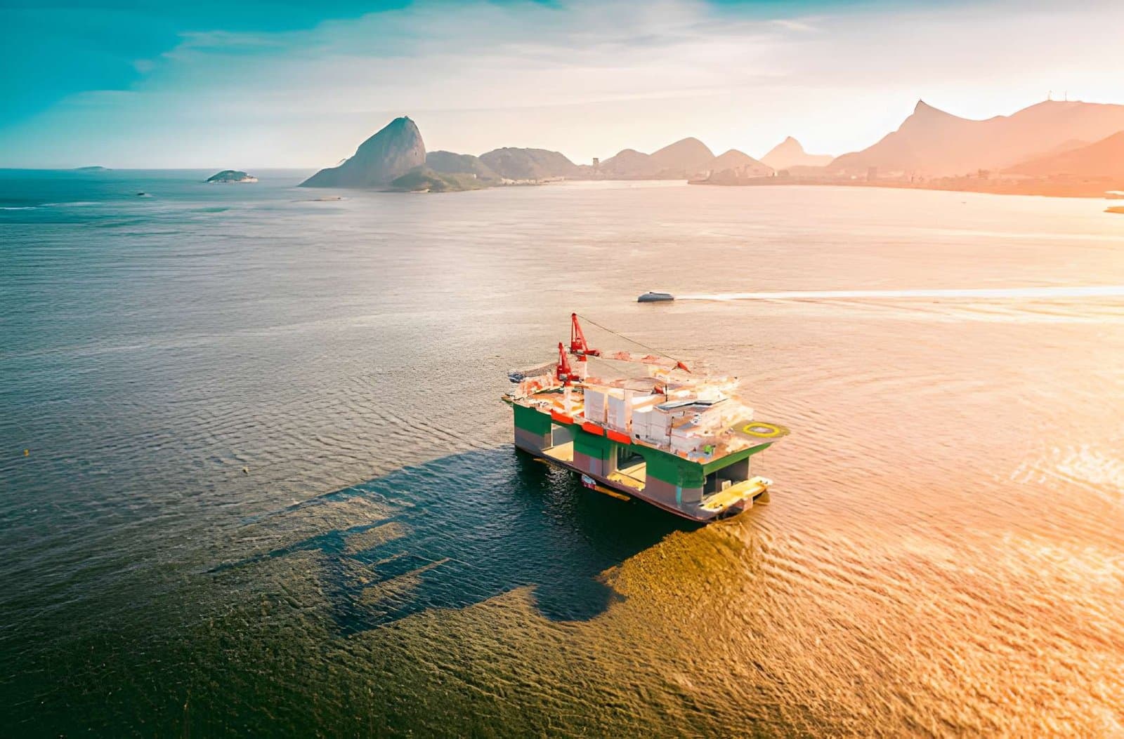 Semi-submersible offshore rig under tow near coastal mountains — major offshore energy projects