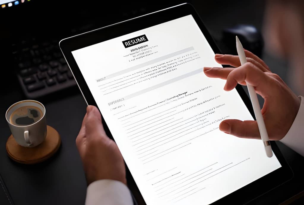 Hands reviewing a digital resume on a tablet with a stylus over a desk workspace