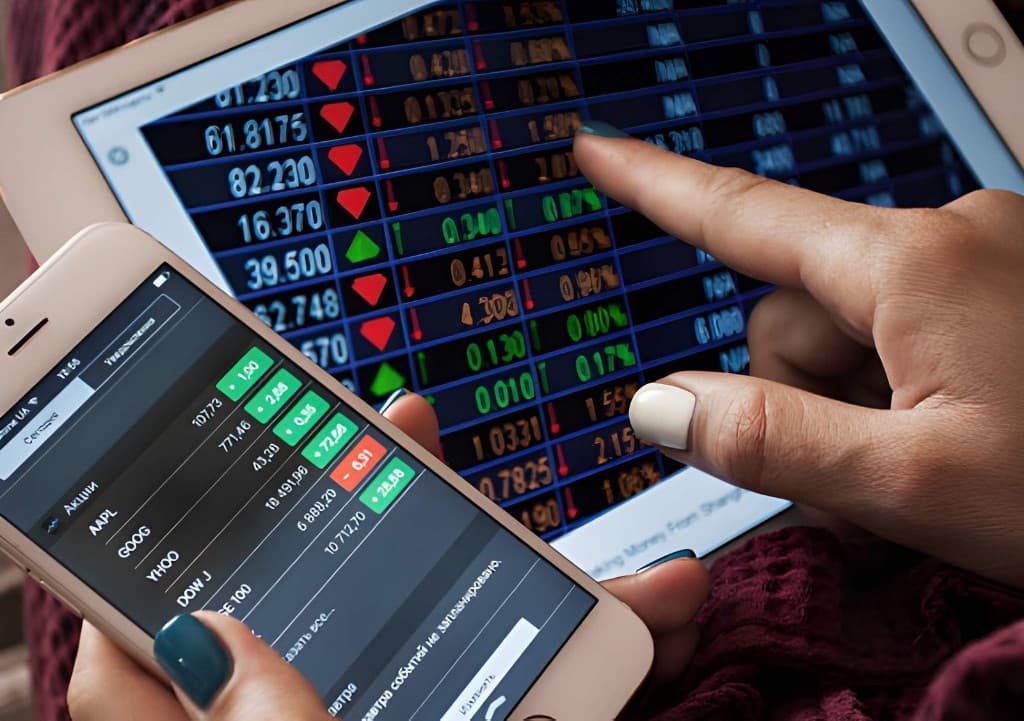 Hands comparing financial market data on a smartphone and tablet