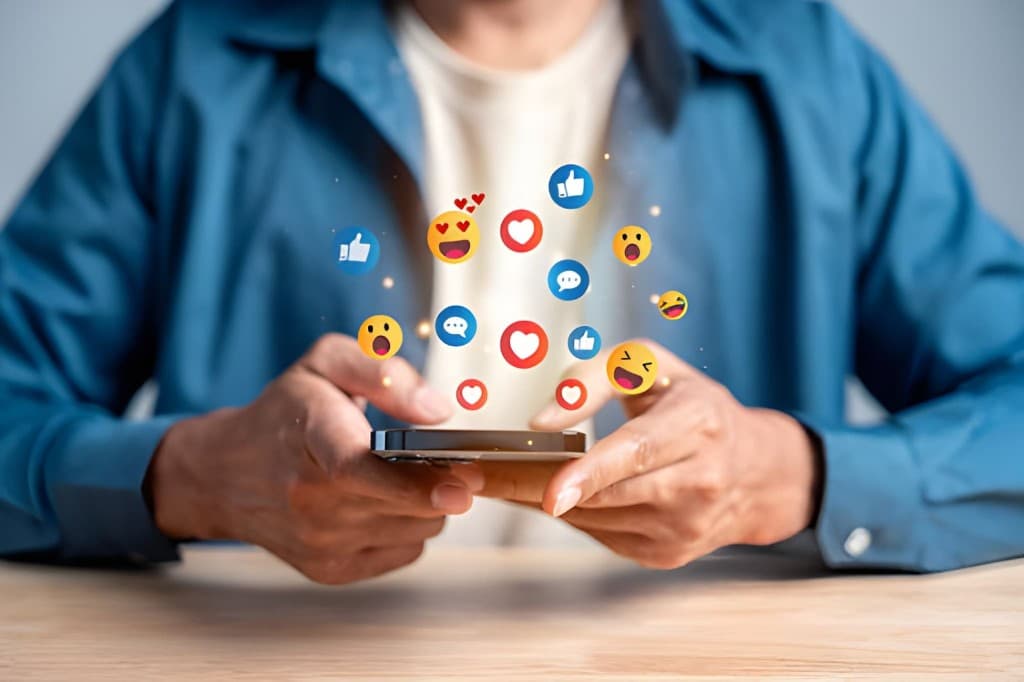 Person holding a smartphone with likes, hearts, comments and emoji reactions floating above the screen