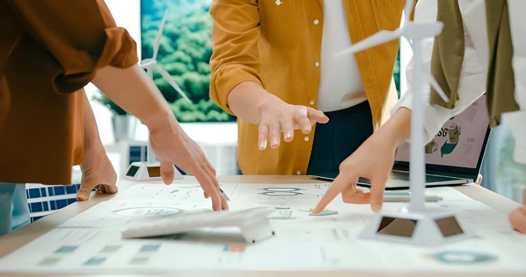 Three professionals reviewing energy project plans at a desk with wind turbine models