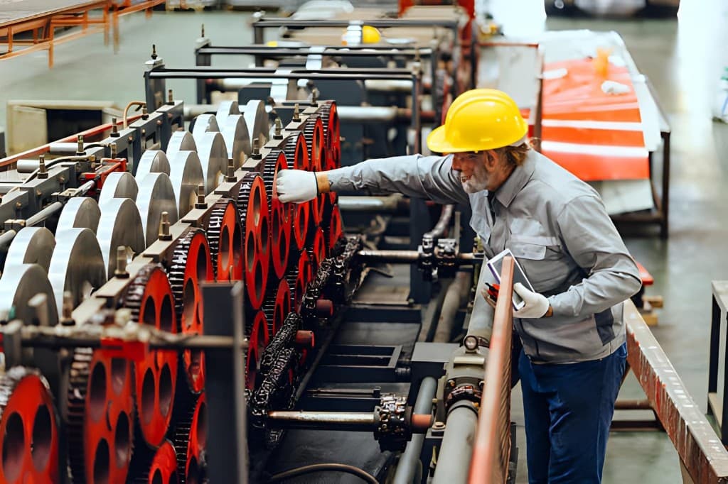 Industrial worker in a yellow hard hat inspecting red rollers on a production line while holding a tablet