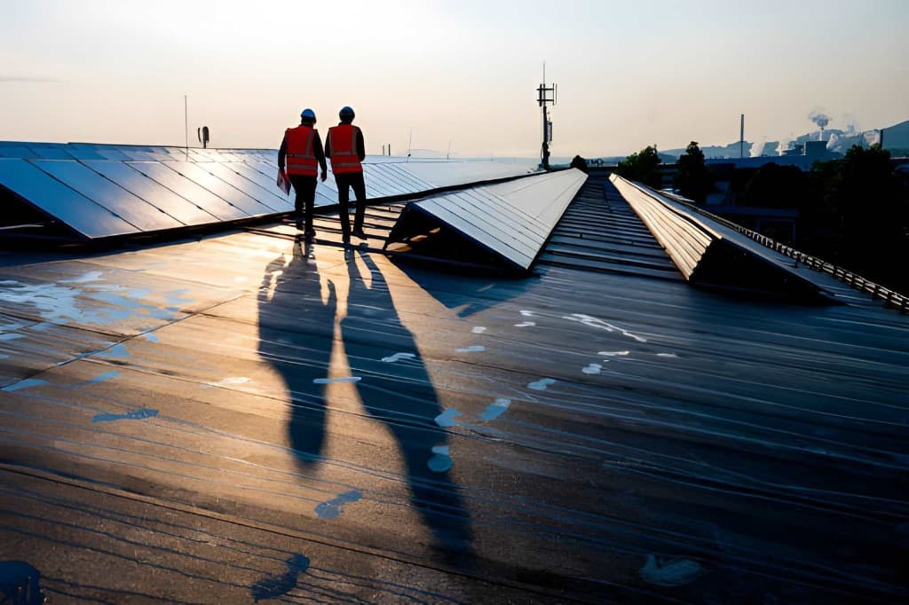 Two workers in hard hats and high-visibility vests walking across a rooftop with solar panels at sunset
