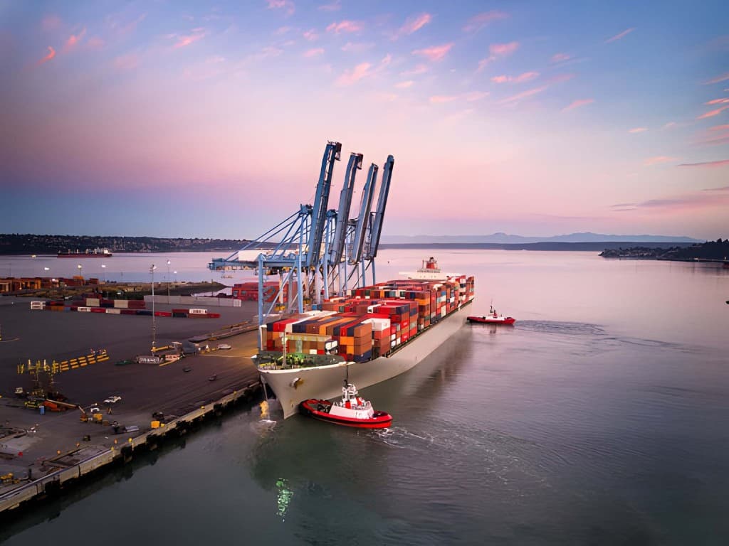 Container ship loaded with cargo at a port terminal under gantry cranes at sunset, with tugboats alongside