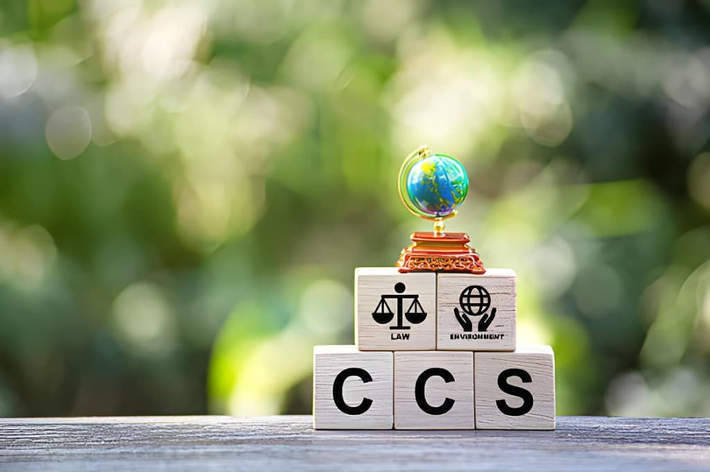 Wooden blocks spelling CCS beneath law and environment icons, with a small globe on top