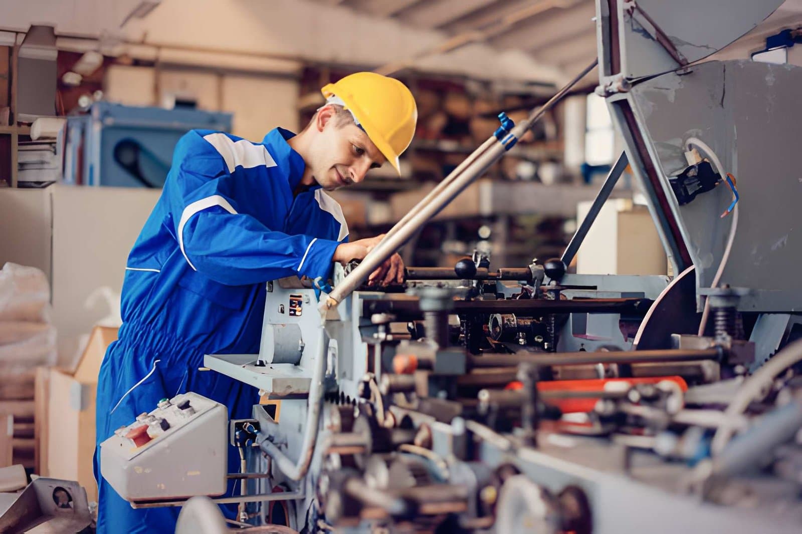 Mechanical technician in safety gear maintaining industrial equipment in an energy engineering workshop