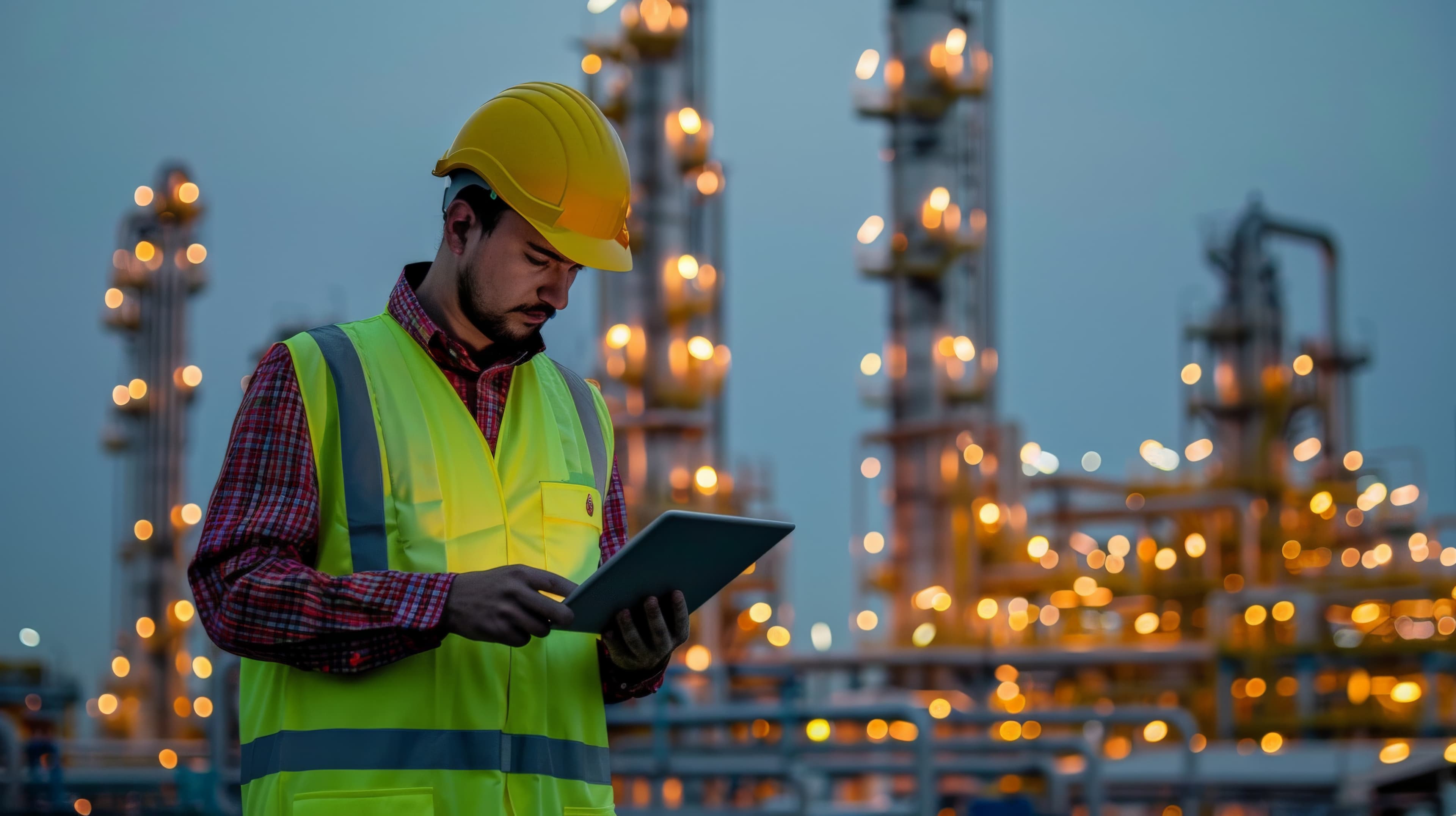 Team of engineers in hard hats collaborating on an energy construction site