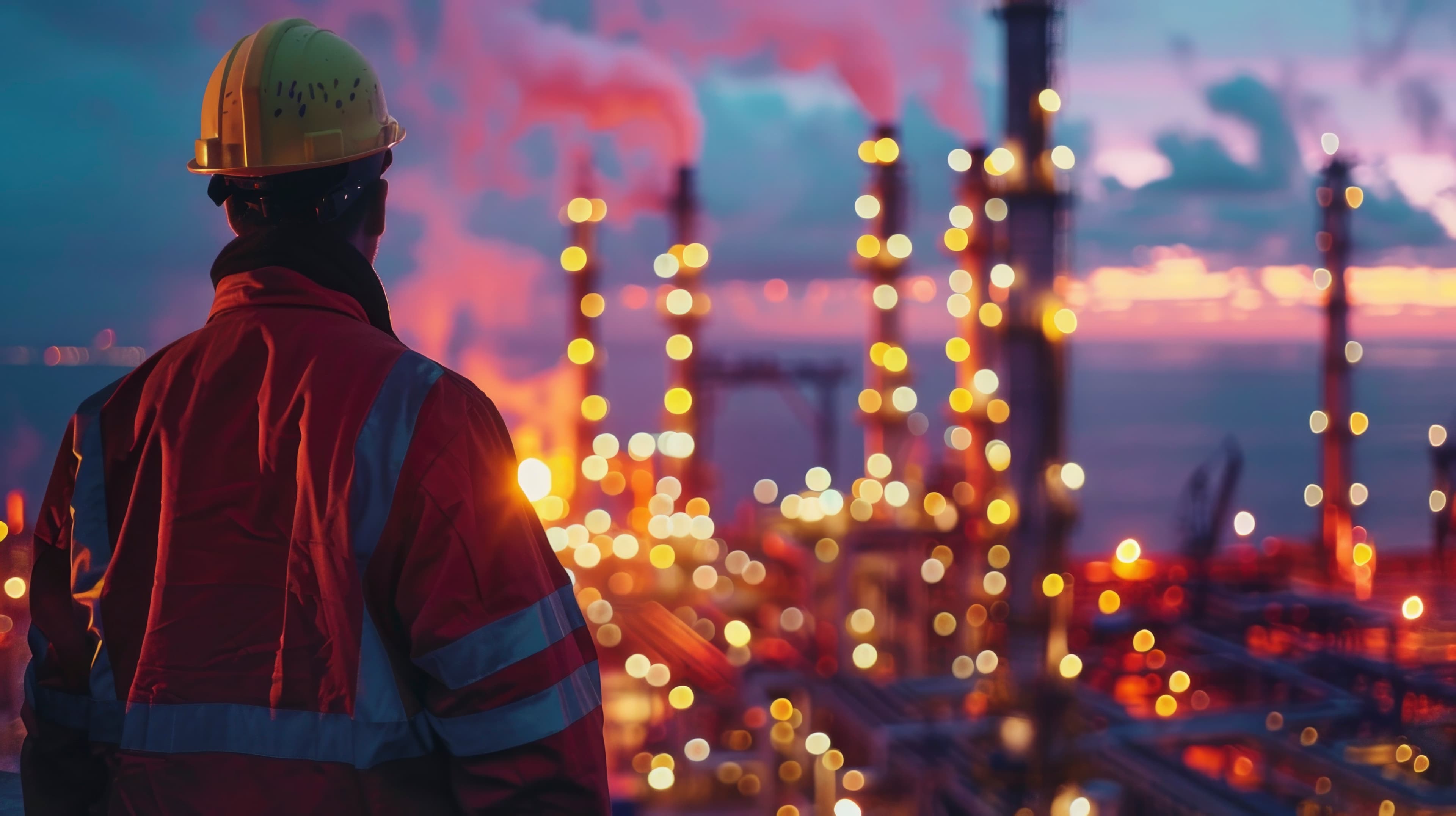 Male engineer in hard hat and high-visibility workwear on an energy industry site
