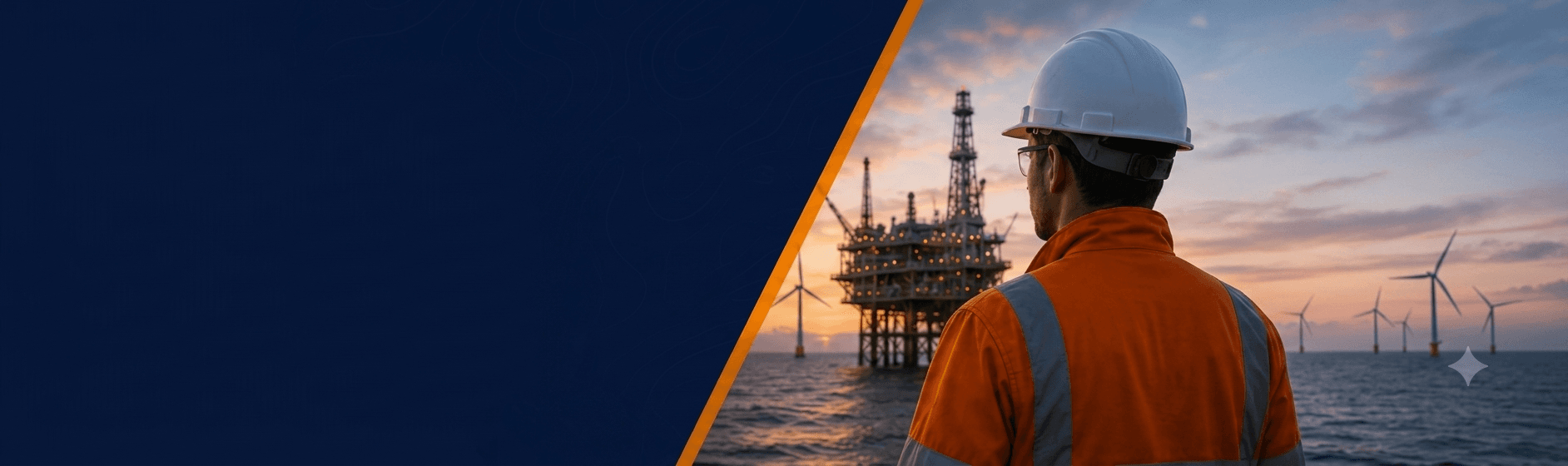 Energy worker overlooking offshore platforms and wind turbines at sunset